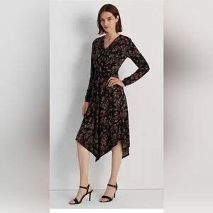 RALPH LAUREN BLACK LABEL Floral Surplice Midi Jersey Dress Sz 12 Vneck
